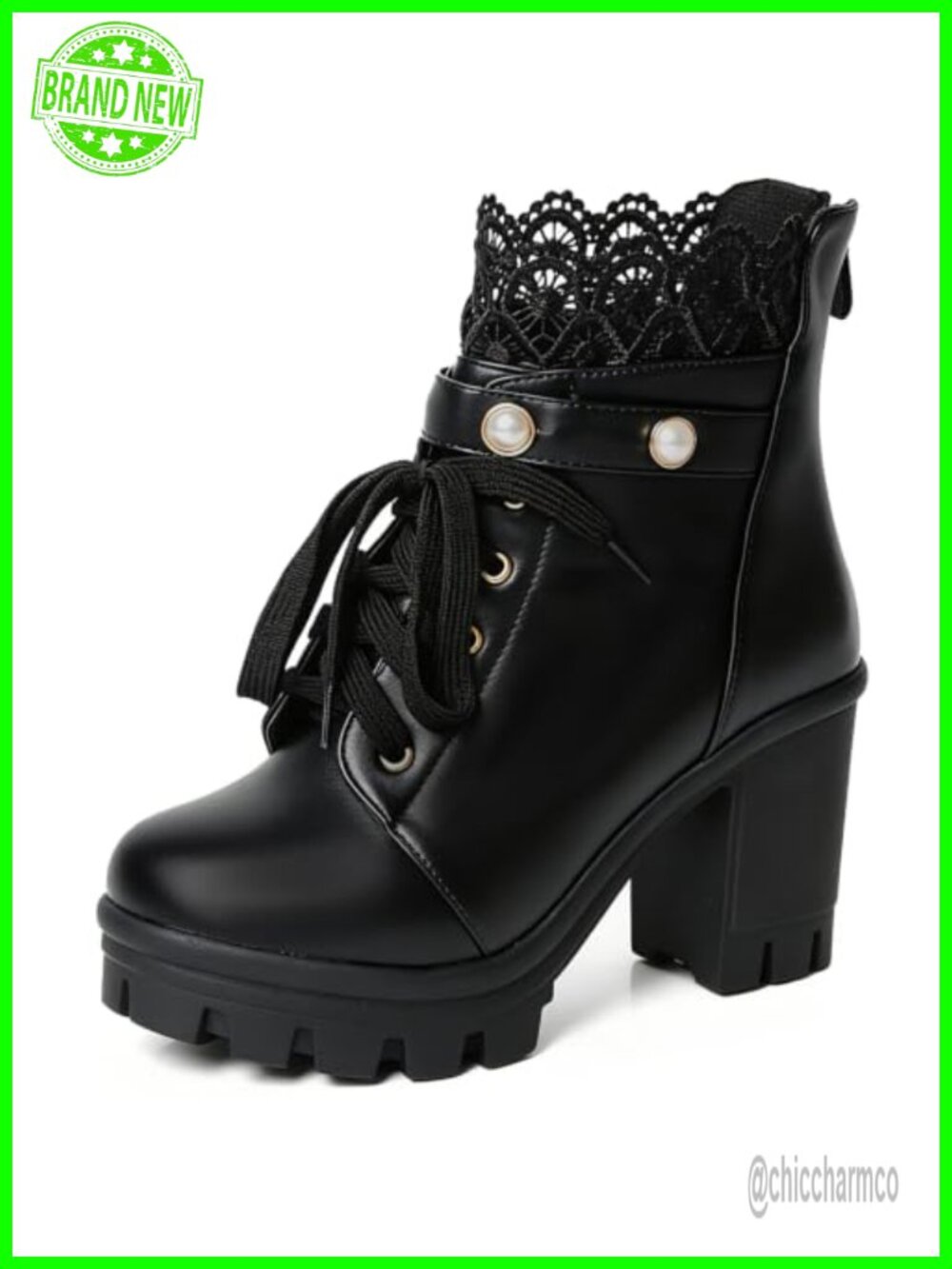 Goth Platform Block Heel Ankle Boots - PU Leather Pearl Lace Combat Booties